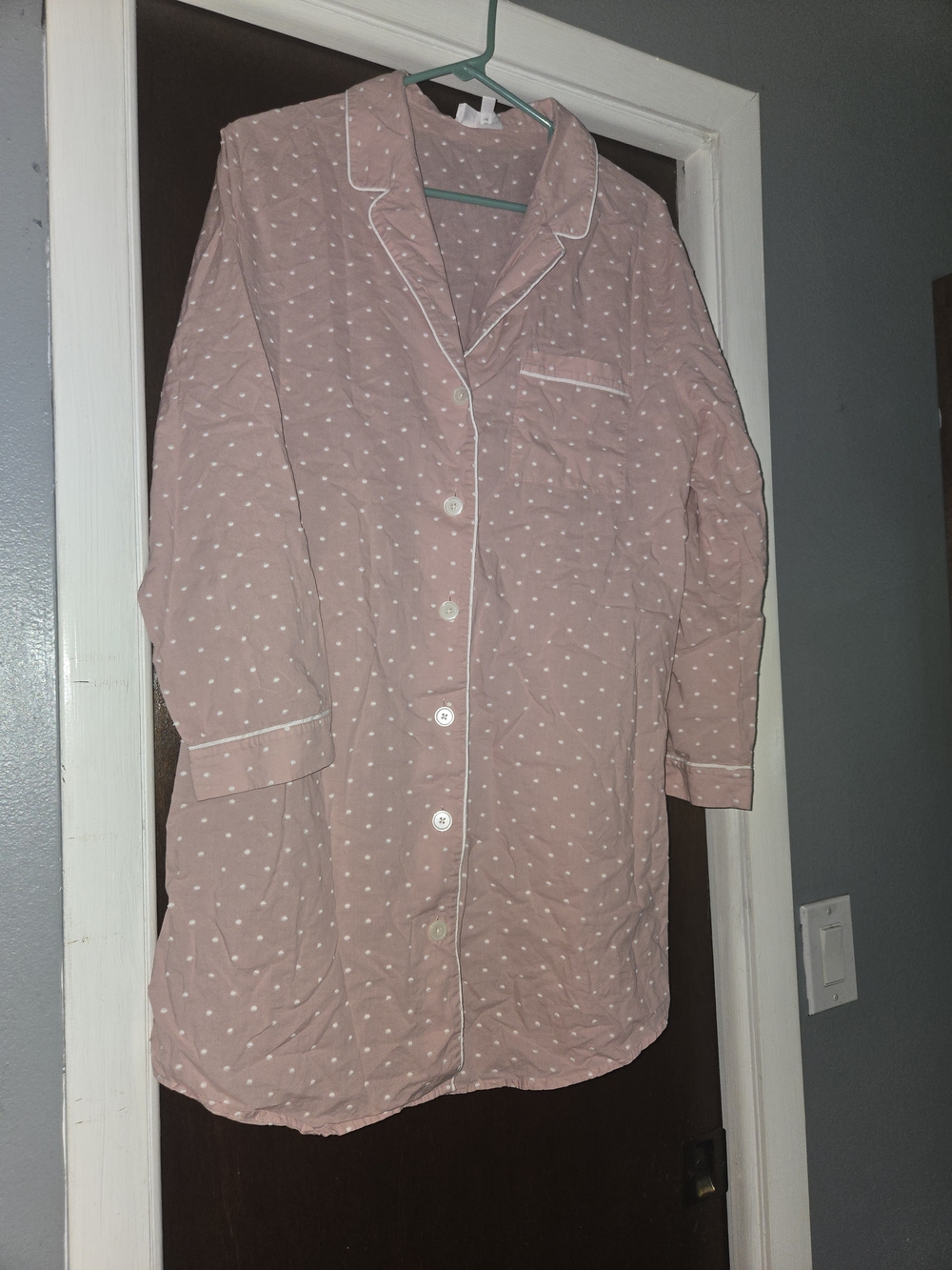Women's Blush Polka Dot Long Button-Front Nightshirt with White Piping